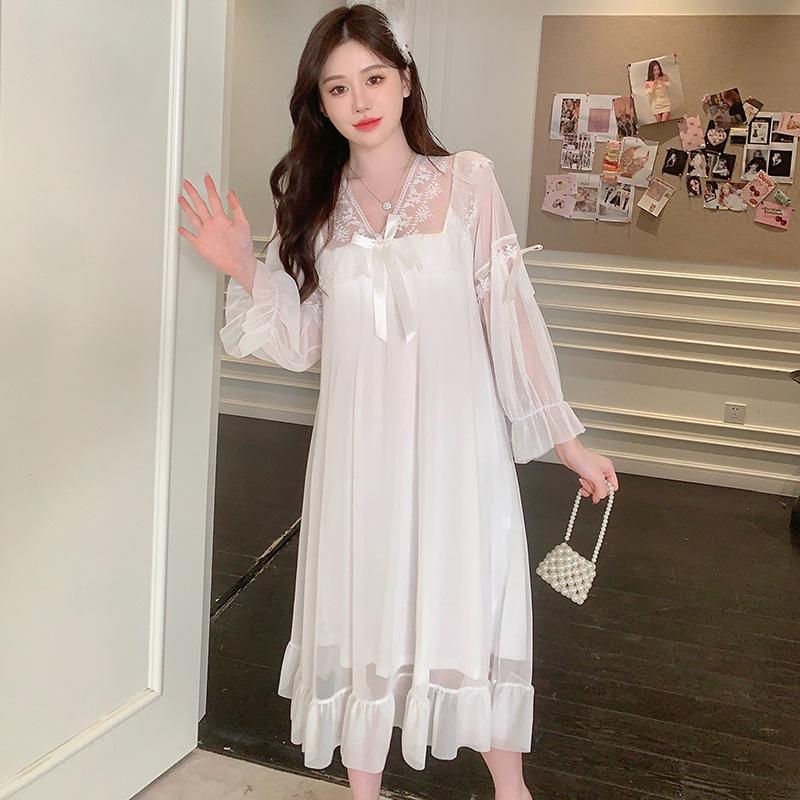 Ling Lei Autumn Solid Color Lace Bow Mesh Court Princess Style Long Nightdress Pajamas Loungewear Women