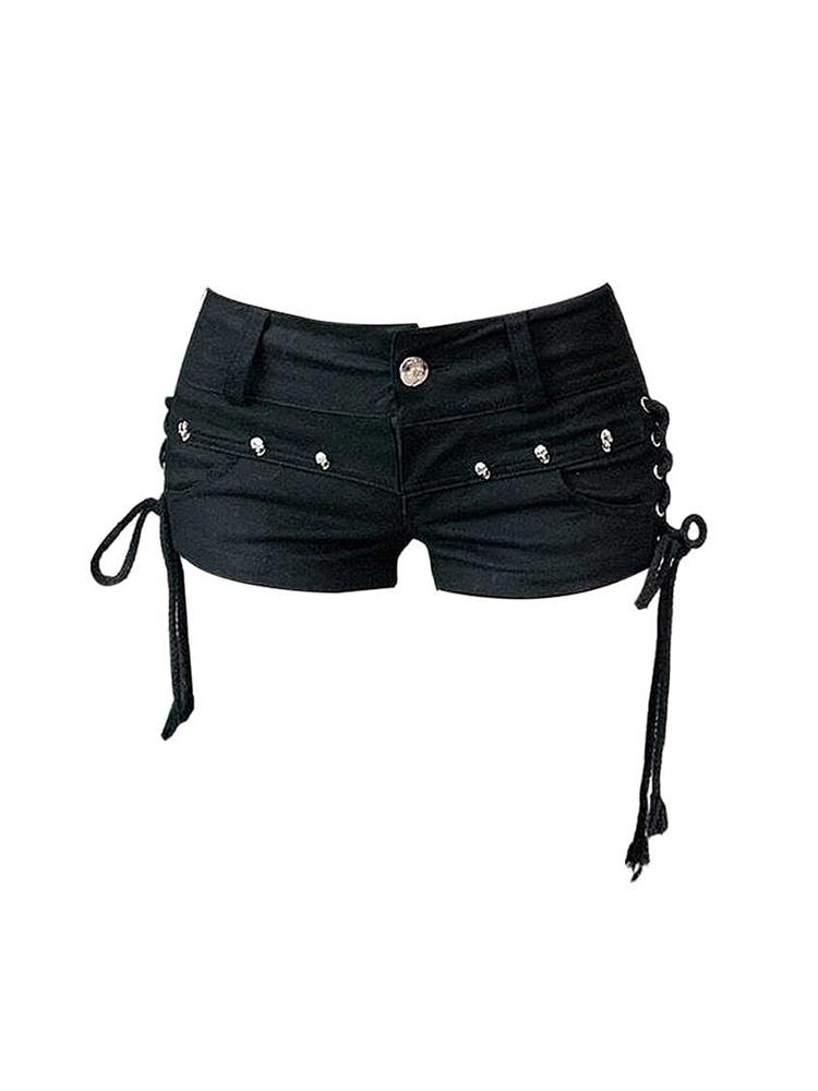 VIONA Women's Black Gothic Denim Shorts Vintage Aesthetic Korean Low Waist Jean Shorts Harajuku Y2k Cowboy Short Pants Clothes Summer