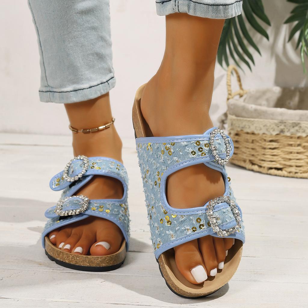 Fashion Women Slippers 2025 Summer Beach Cork Slippers Casual Non-slip Sandals Clogs Slides Women Slip on Double Buckle Shoes Women