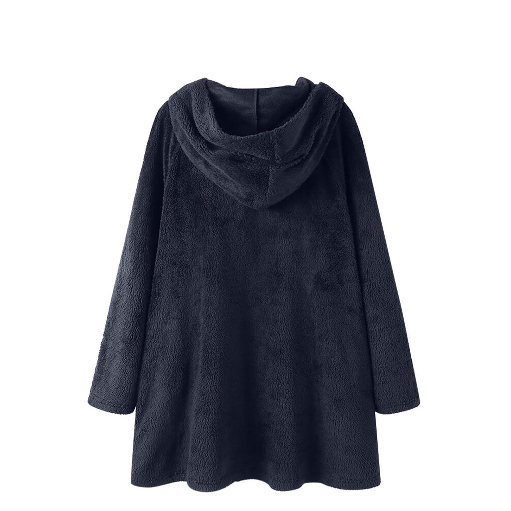 Women Fashion Button Plush Tops Hooded Loose Cardigan Wool Coat Winter Jacket