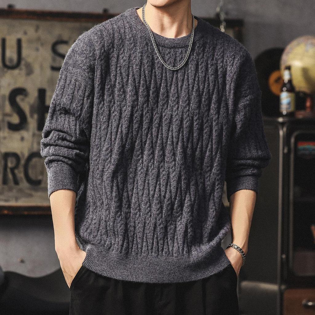 Men's Heavyweight Cable Knit Sweater - Warm, Trendy, Casual, and Versatile Round Neck Knitwear