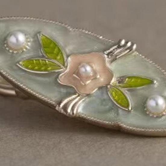 Hårnål i fransk stil, Hårklämma med blommönster och metallisk emaljfinish, Hårnål för lugg som inte skadar, Mångsidigt håraccessoar