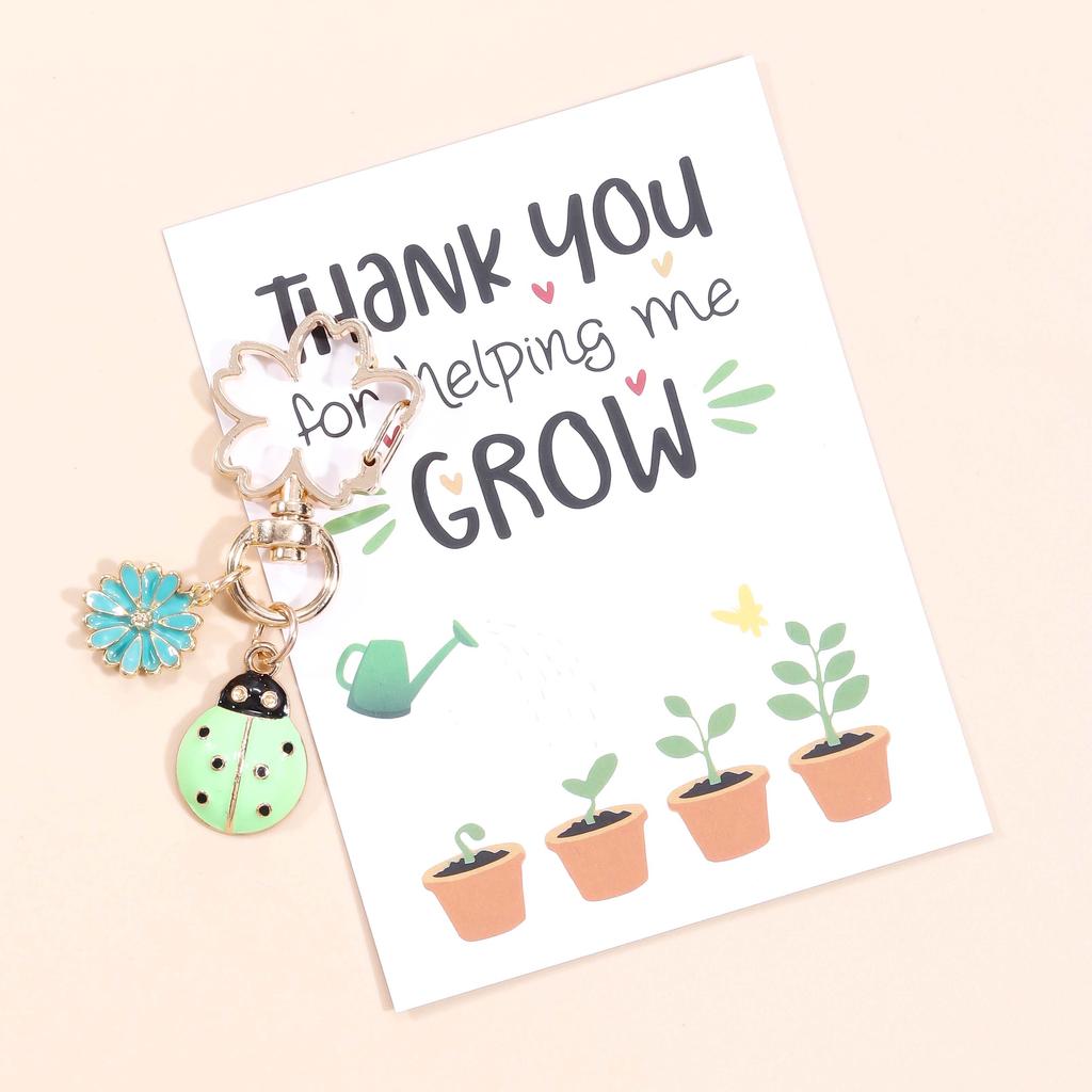 Cute Colorful Flower Ladybug Enamel Keychain Lovely Plant Thank you Grow Card Key Ring For Women Men Handmade Good Gift Jewelry