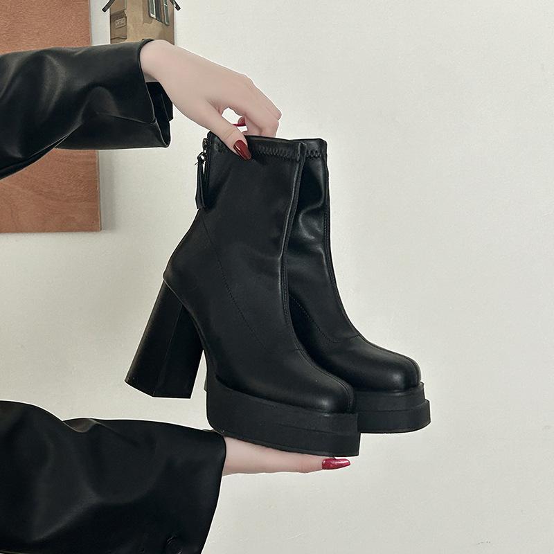 Fashion sweet and cool style black high-heeled short boots women's autumn new with skirt small height-increasing boots