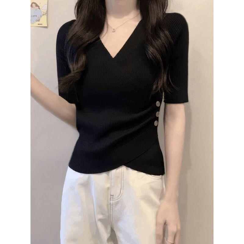 

V-neck Shoulder Fancy Ice Silk Black Side Button Black [short sleeve high quality fabric]] 2XL