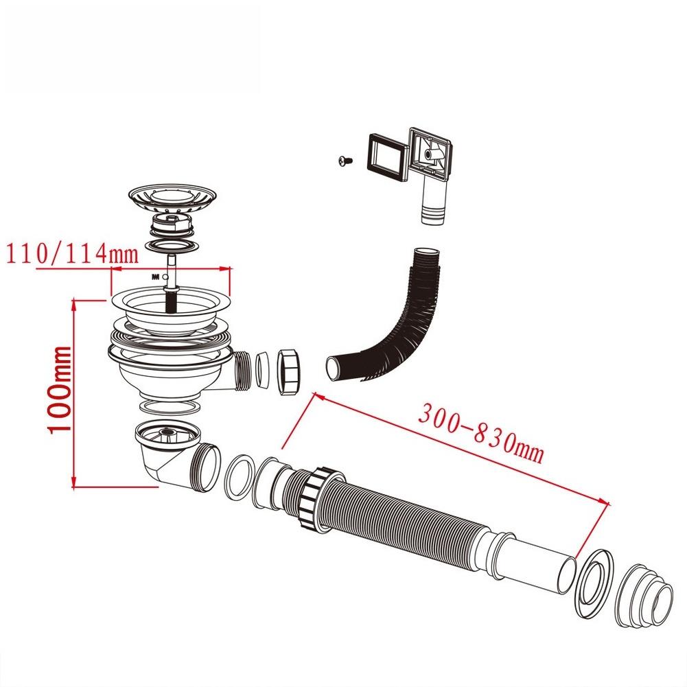 SUS304 Sink Basket Strainer for Kitchen with Side Drain Outlet 110mm 114mm Telescopic Pipe 300mm to 830mm Easy Install