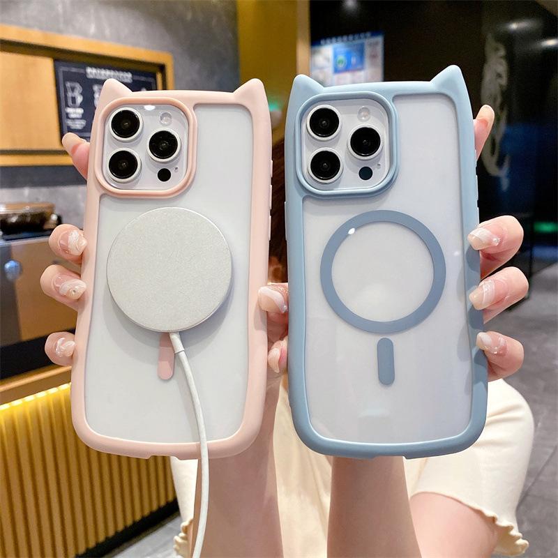 Cat Ear Magnetic Suction Suitable for Apple 16Pro Mobile Phone Case Transparent Iphone15 Silicone Acrylic Anti-fall Hard I14