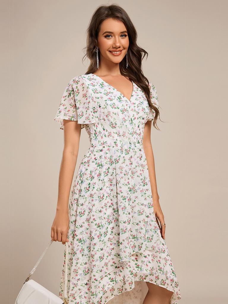Ever-Pretty Women's Short Sleeve V-Neck Ruffled Floral Asymmetrical Midi Wedding Guest Dress
