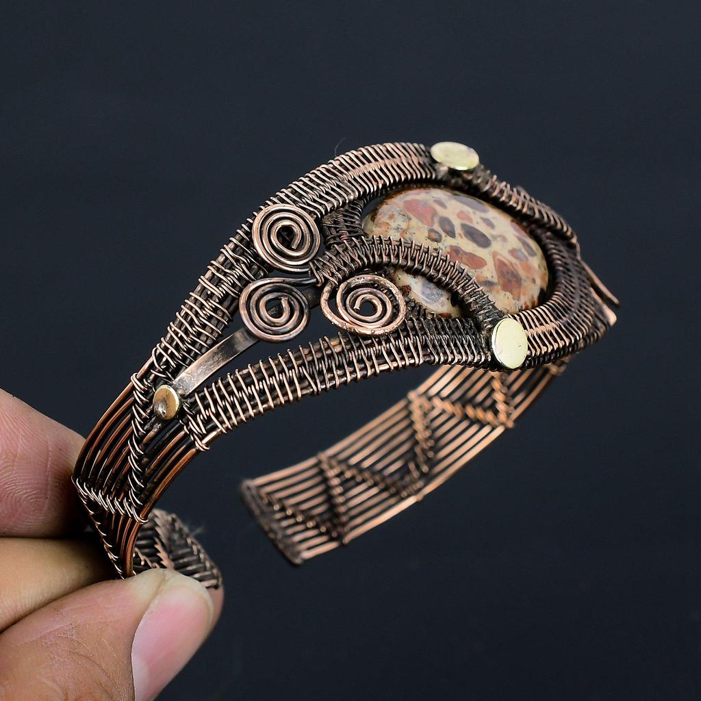 Bird Eye Jasper Gemstone Pure Copper Wire Wrapped Handmade Cuff/Bangle Jewelry