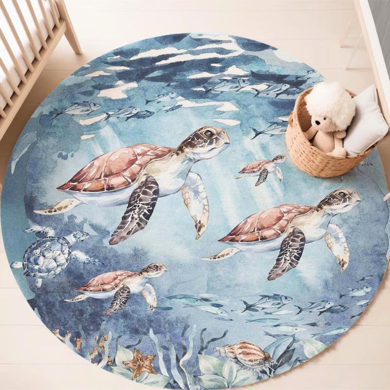 Sea Turtle Carpet Underwater World Coral Starfish Pattern Print Rug Ocean Lover Home Decor Kids Room Circle Non-Slip Floormat