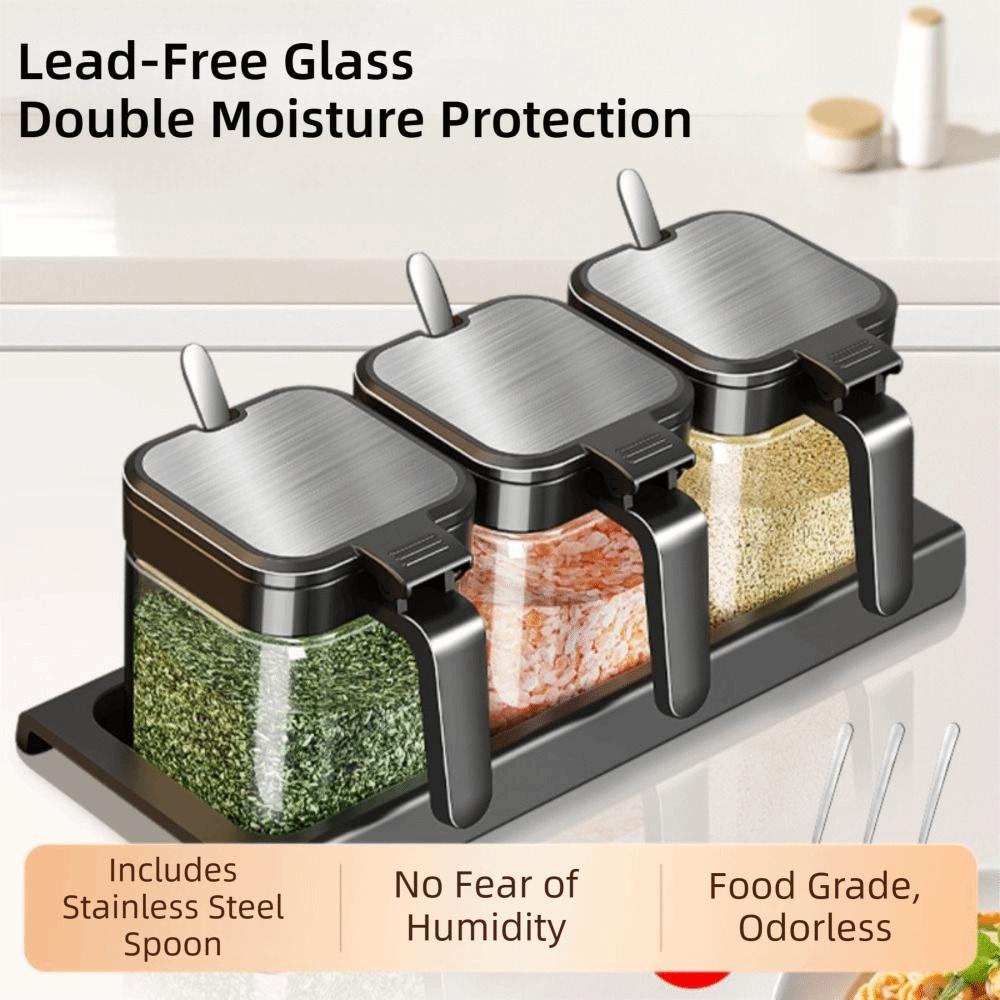 3Pcs/set Clear Glass Condiment Jar Spice Container with Lids and Spoons Storage Condiment Canisters Pots
