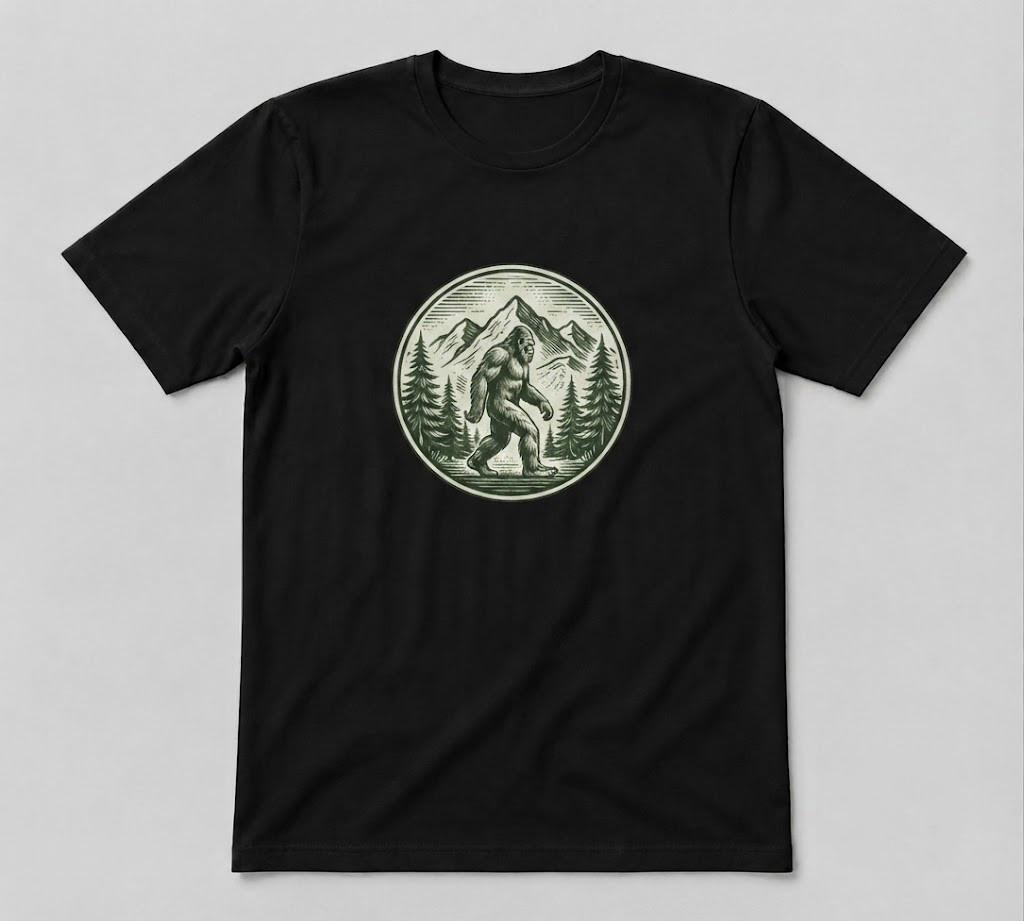 Bigfoot Forest Adventure Graphic Funny Mystery Creature Black T-shirt
