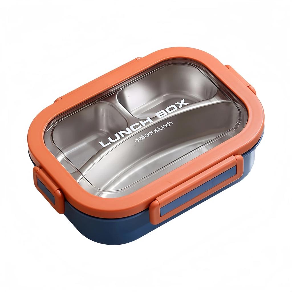 Edelstahl Lunchbox 3 Fächer Lunchbehälter mit auslaufsicheren Deckeln 23,7x17,3x6,6cm Blau,Gelb,Orange,Braun,Rosa,Grün