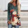 Ladies' Fashionable Casual Christmas Printed T-shirt Long Sleeved V-neck Mid Length Top