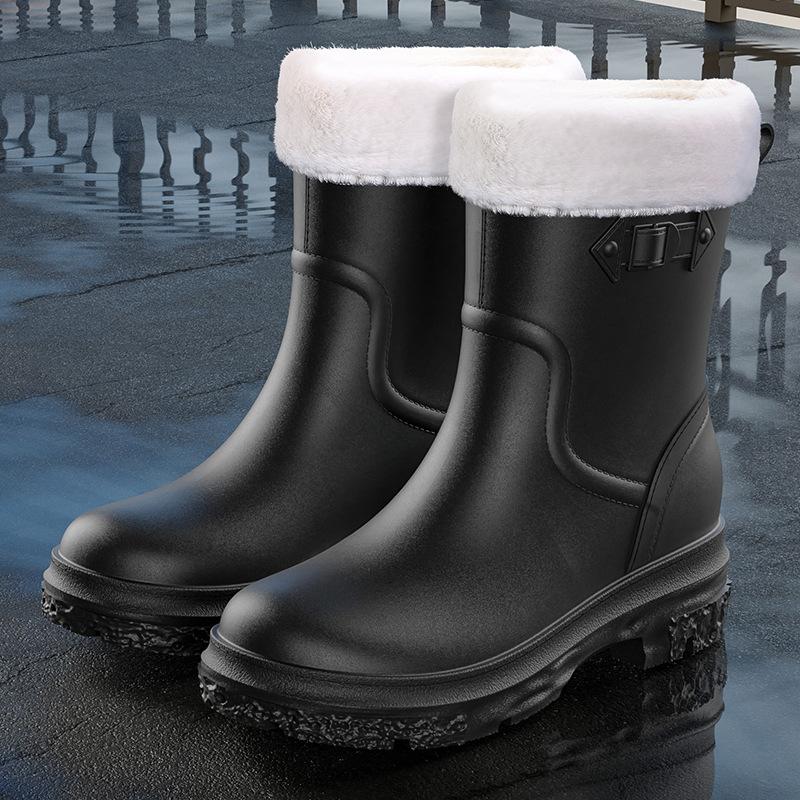 

2025ПВХ уличная мойка автомобилей, чистка и нескользящие взрослые дождевые ботинки, женские военные, модные водонепроницаемые ботинки средней высоты, женский низкий каблук 36