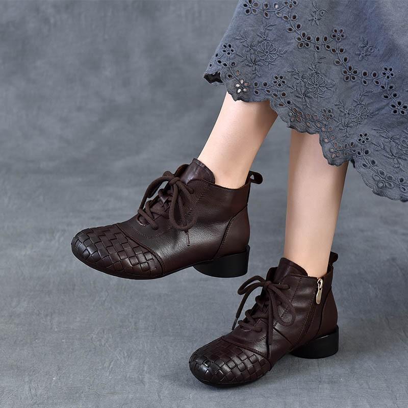 Johnature Genuine Leather Hand Woven Thick Heel Ankle Boots Retro Soft Sole Versatile Women's Shoes