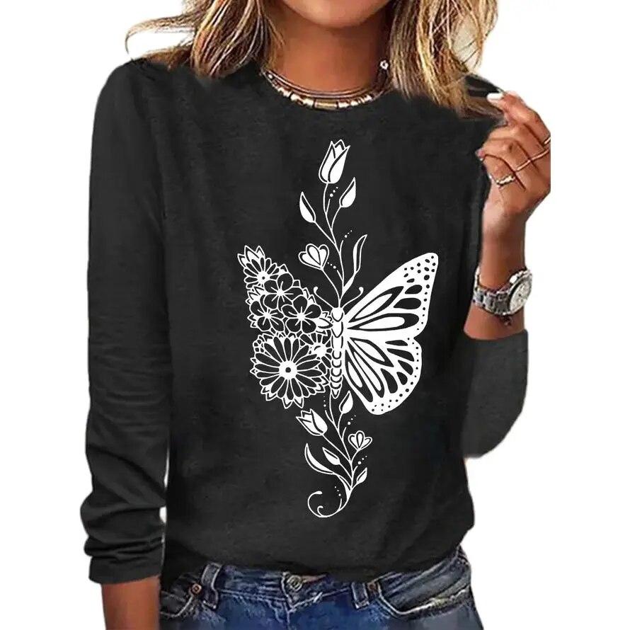 Women's 3d T-Shirt O-Neck Long Sleeve Butterfly Fashion Animal Print Large Casual Vintage Street Wear Oversized Female Clothing