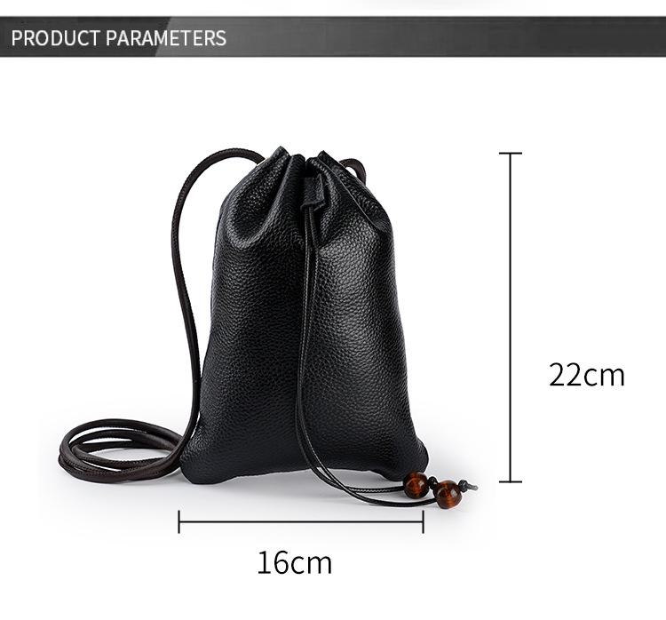 New Genuine Leather Drawstring Shoulder Bag with Earphone and Cable Storage - Korean Style Cowhide Messenger Bag