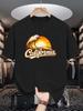 Unisex Beige Crew Neck Tee Vintage California Cursive Logo Giant Ocean Wave Orange Sunset Surf Coast Retro Holiday Cotton Top