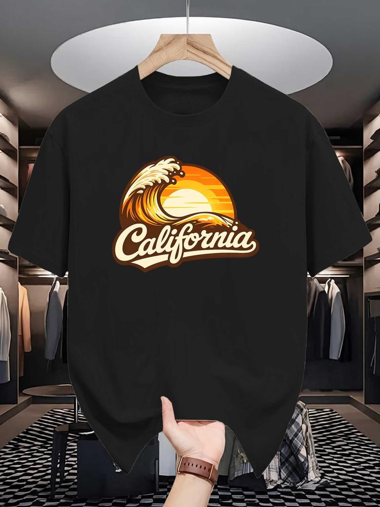 Unisex Beige Crew Neck Tee Vintage California Cursive Logo Giant Ocean Wave Orange Sunset Surf Coast Retro Holiday Cotton Top