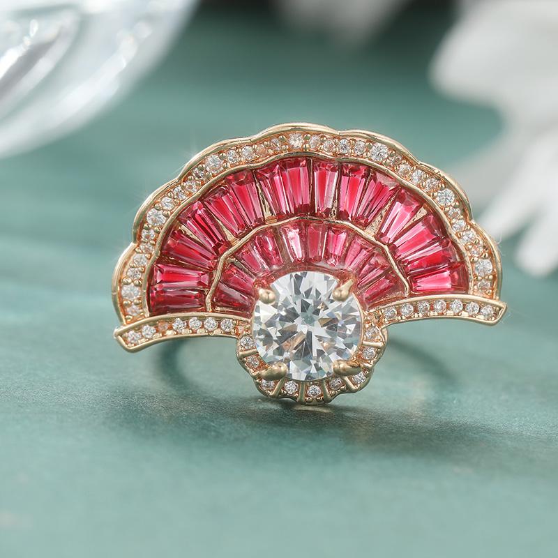 Gorgeous Inlaid White Red CZ Women's Ring Aesthetic Gold Color Hand Carving Daily Wear Party Jewelry Anniversary Gift
