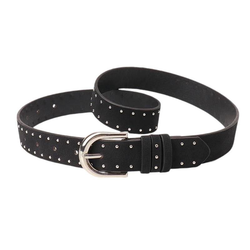 Unisex Solid Color Jeans Belt Studded Accents Adjustable PU Leather Fashion Accessory With Metal Buckles