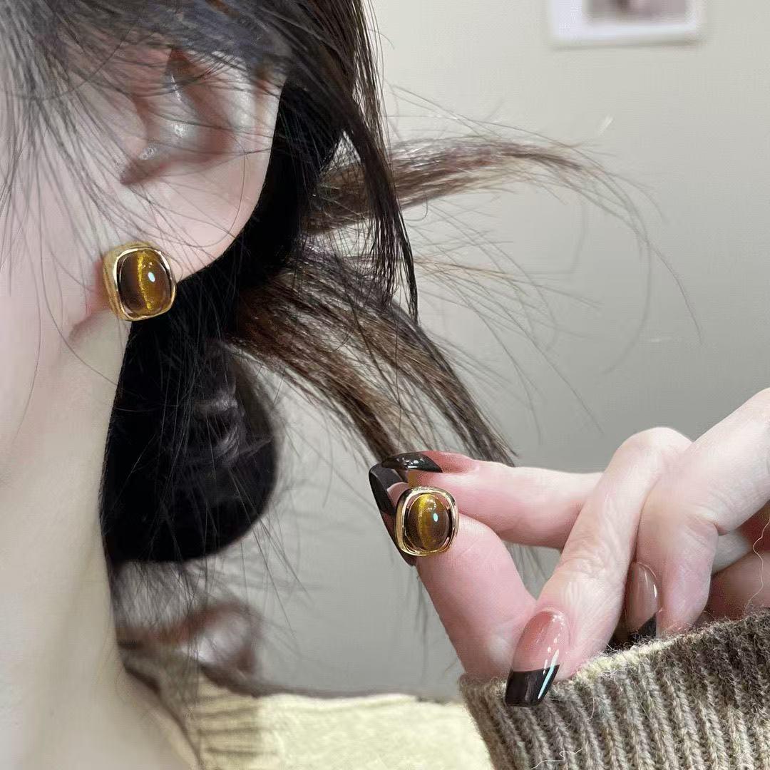 Amber Retro Brown Stud Earrings for Women: Trendy Niche Fashion Jewelry with Silver Needle