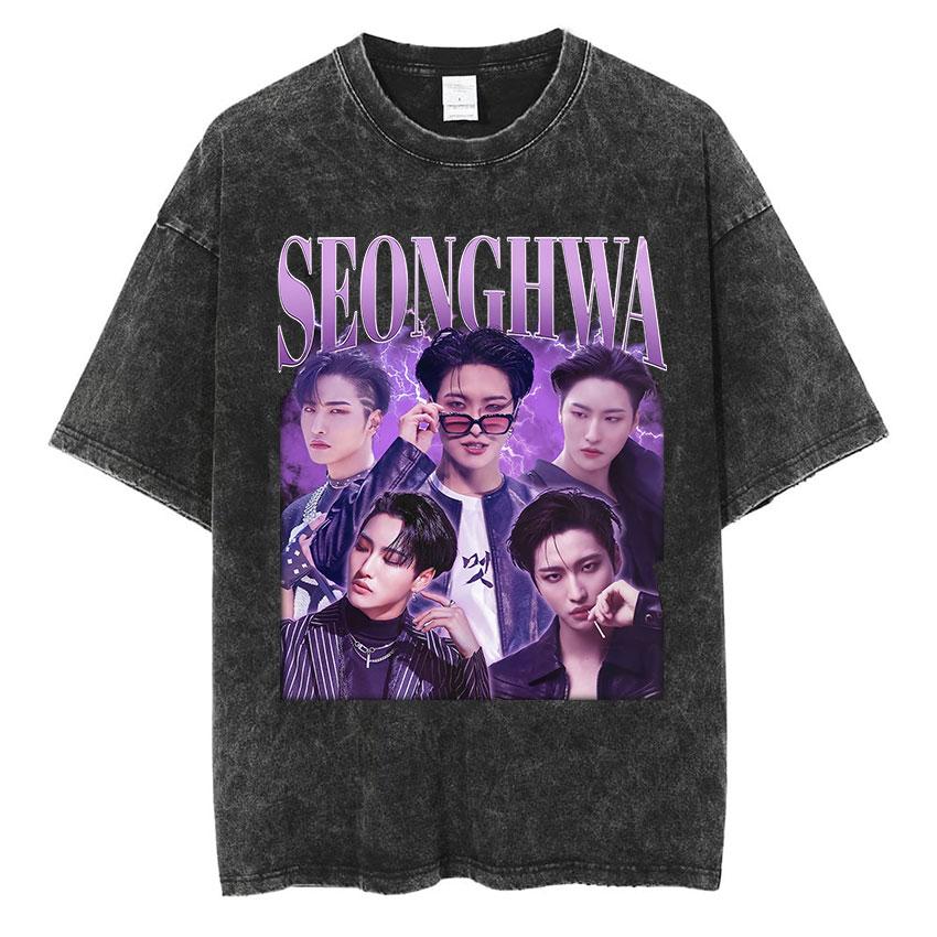 Vintage Washed Ateez Yunho Kpop Band Album 2026 TShirt Mens Women Hip Hop Loose Korean Fashion Short Sleeve T Shirt Streetwear