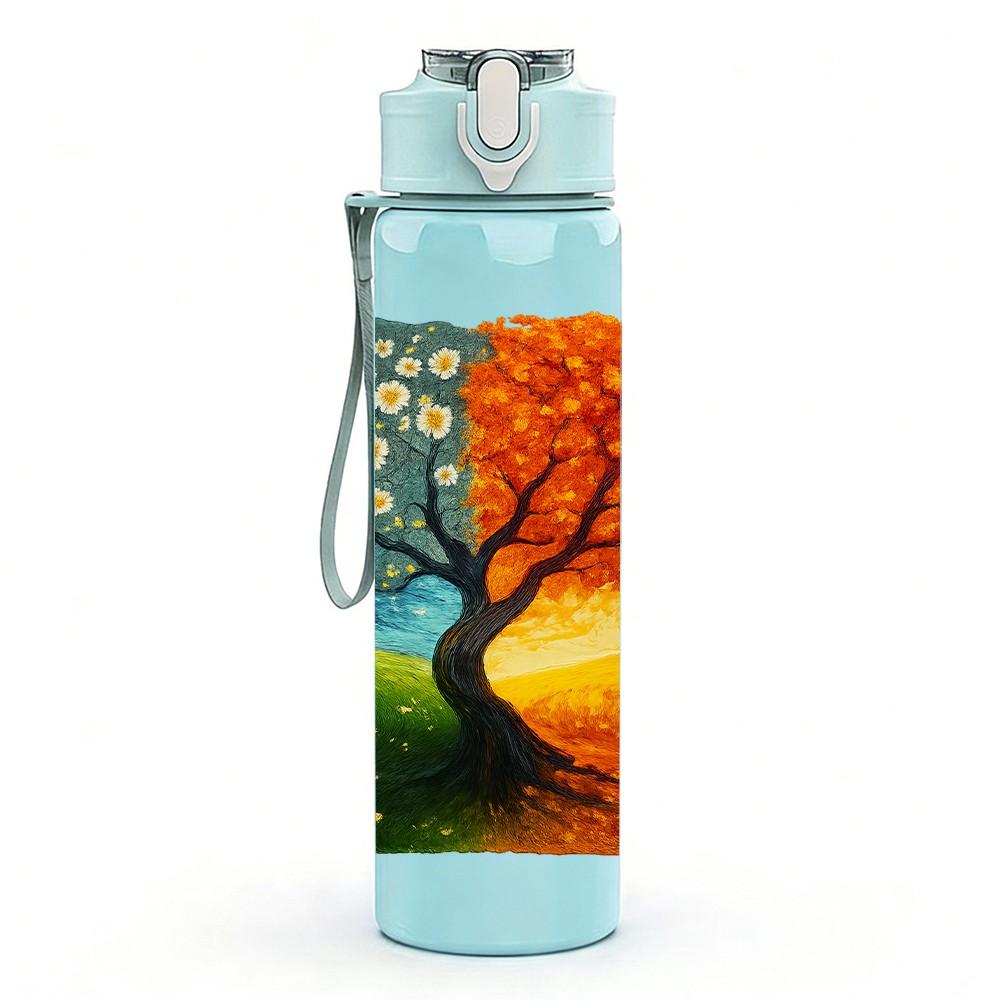 1PC Autumn Tree Split Color Watercolor 750ml Color Plastic Sports Water Bottle Leakproof Flip Straw Lid Suitable for Sports Office Home Use
