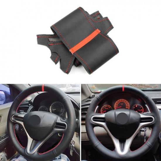 Black Leather Red Bar Steering Wheel Cover For Honda Fit Jazz City 09-13 ight