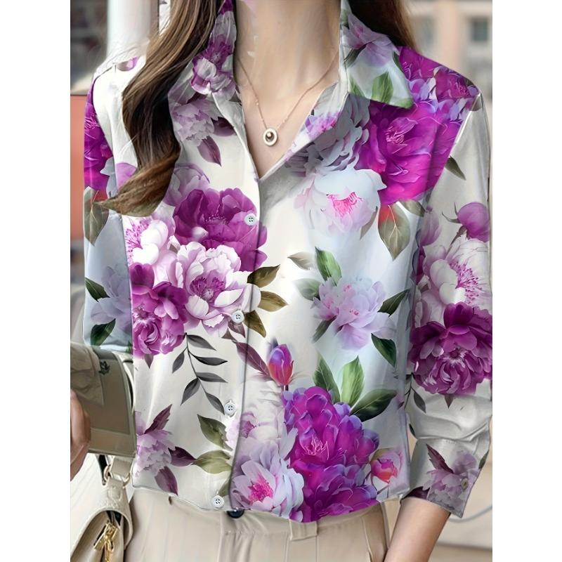 Stylish Floral-Patterned Women'S Blouse - Features Long Sleeves And a Button- Collar, Perfect for Spring And Fall, And Can Be Washed In a Machine