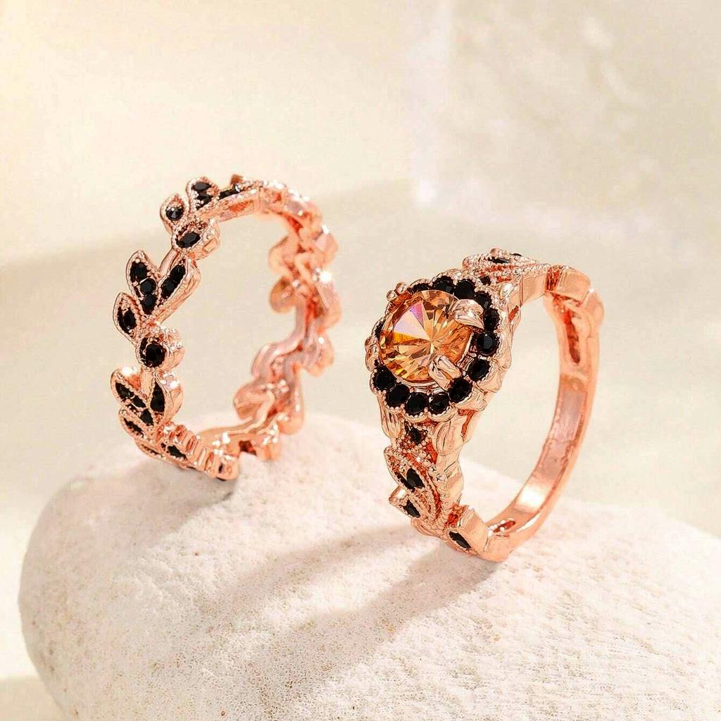 Fashion Women's Flower Leaf Inlaid Powder Zircon Ring Creative Rose Gold Color Leaves Design Bridal Engagement Wedding Ring Set
