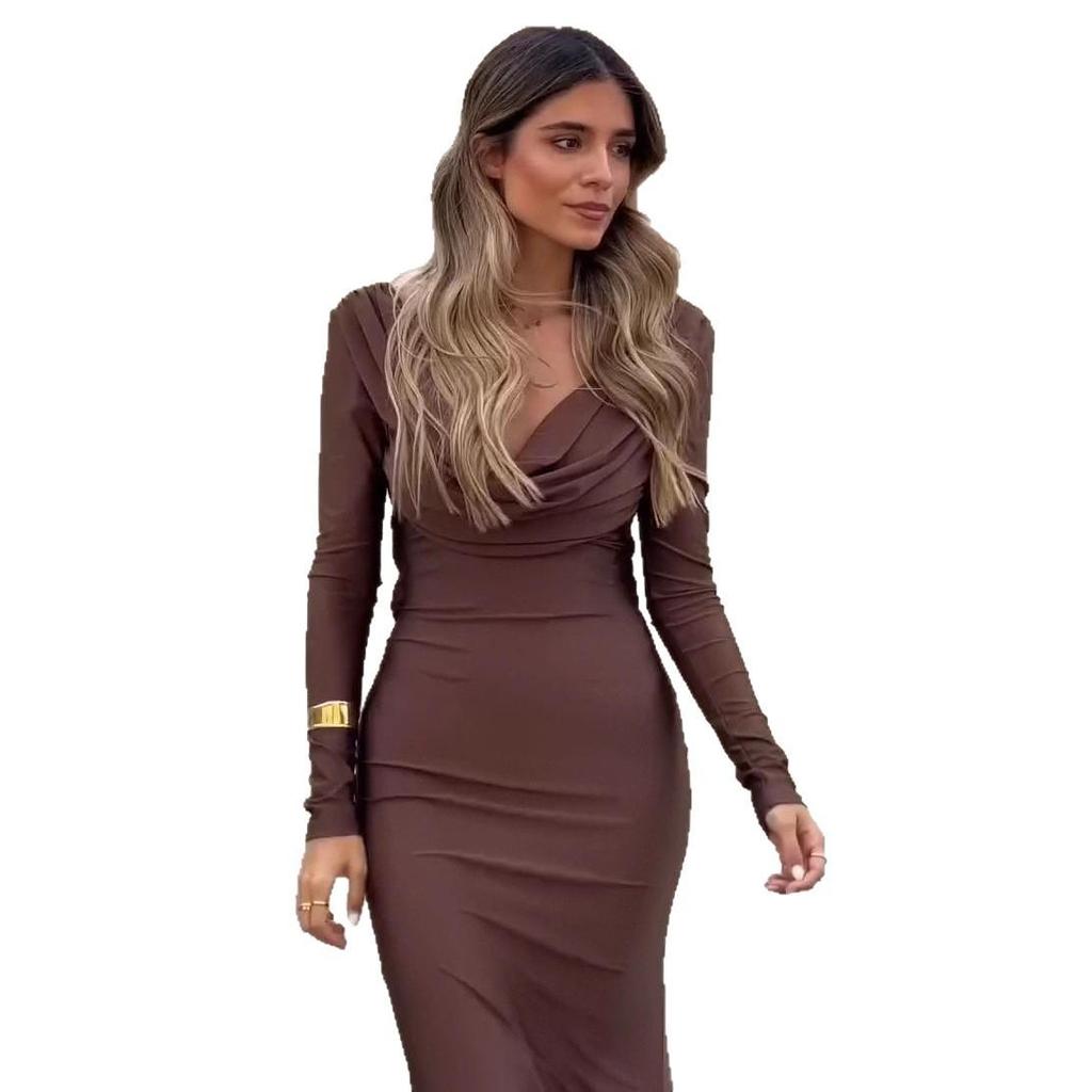 2025 Autumn European & American Women's Solid Color Long Sleeve Drape Neck Bodycon Dress
