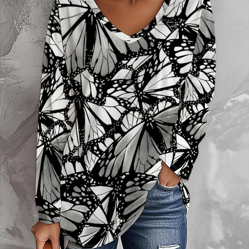 Plus Size Women's Autumn/Winter Arrival Fashion Printed Casual V-Neck Long Sleeve T-Shirt