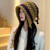 Women'S Baotou Hat Autumn And Winter Colorful Tassel Ball Tie Earmuffs Hollow Knitted Wool Hat