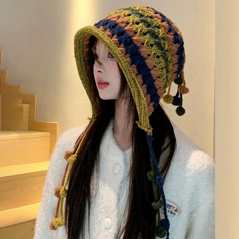 Women'S Baotou Hat Autumn And Winter Colorful Tassel Ball Tie Earmuffs Hollow Knitted Wool Hat