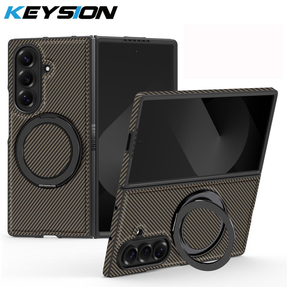 KEYSION Kevlar Carbon Fiber Texture Case for MagSafe for Samsung Galaxy Z Fold 7 6 5 4 3 360° Rotating Magnetic Ring Stand Phone Cover
