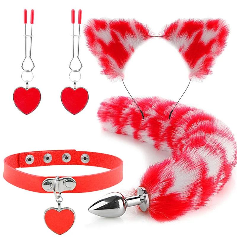 Anal Sex Toys Fox Tail Butt Plug Sexy Plush Cat Ear Headband With Bells Necklace Set Massage Sex Toys For Women Couples Cosplay