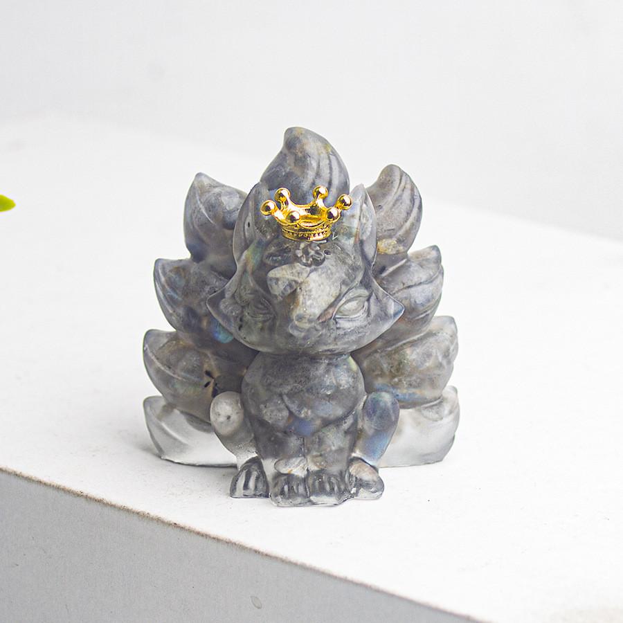 Water Crystal Decorative Figurine With Crown Nine Tails Fox For Modern Desk Display