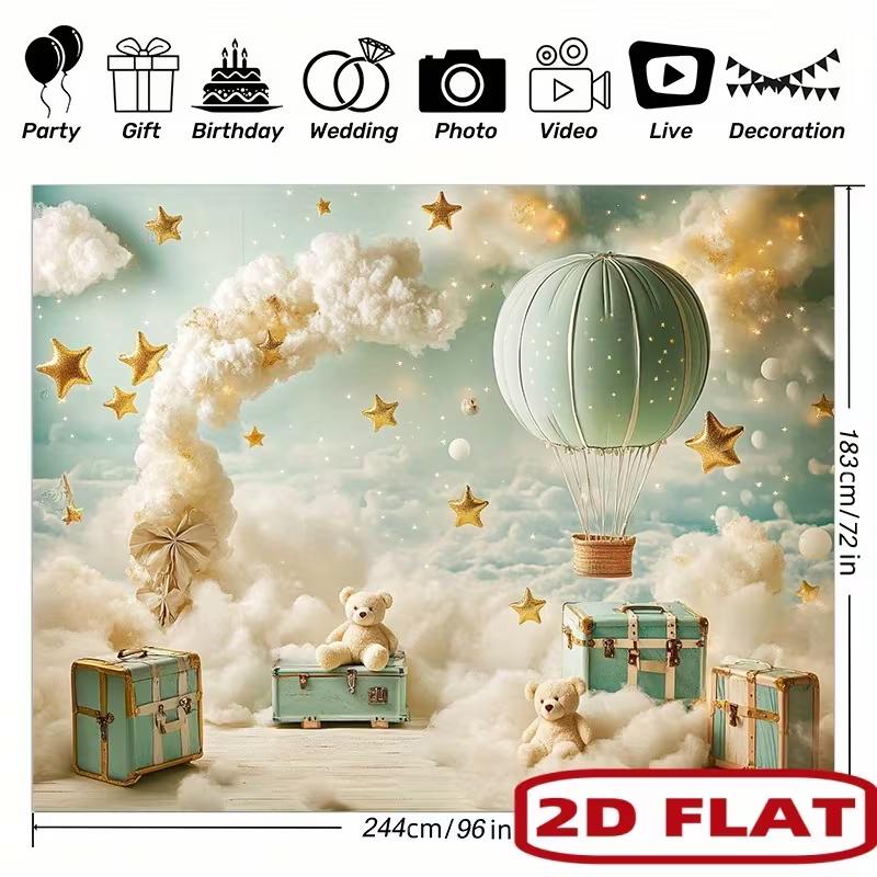 2D Mint Green Hot Air Balloon Backdrop Teddy Bear Photography Background