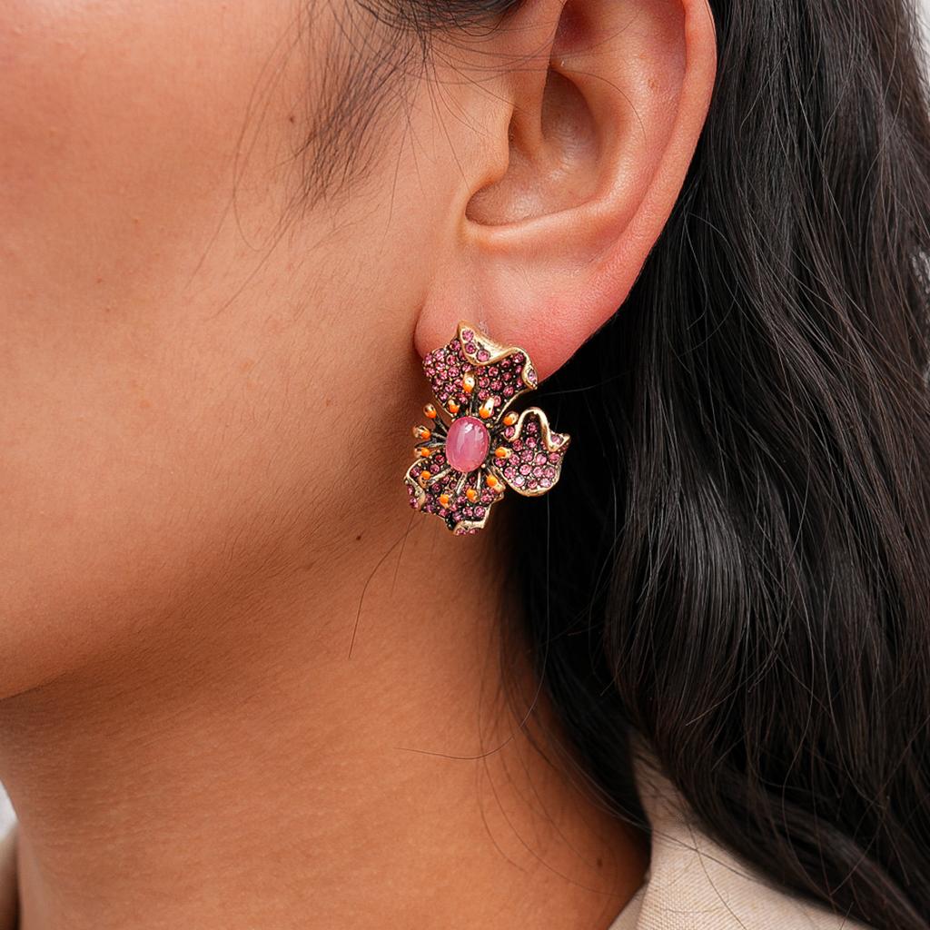 Vintage Resin Diamond Flower Silver Needle Stud Earrings Niche Earrings