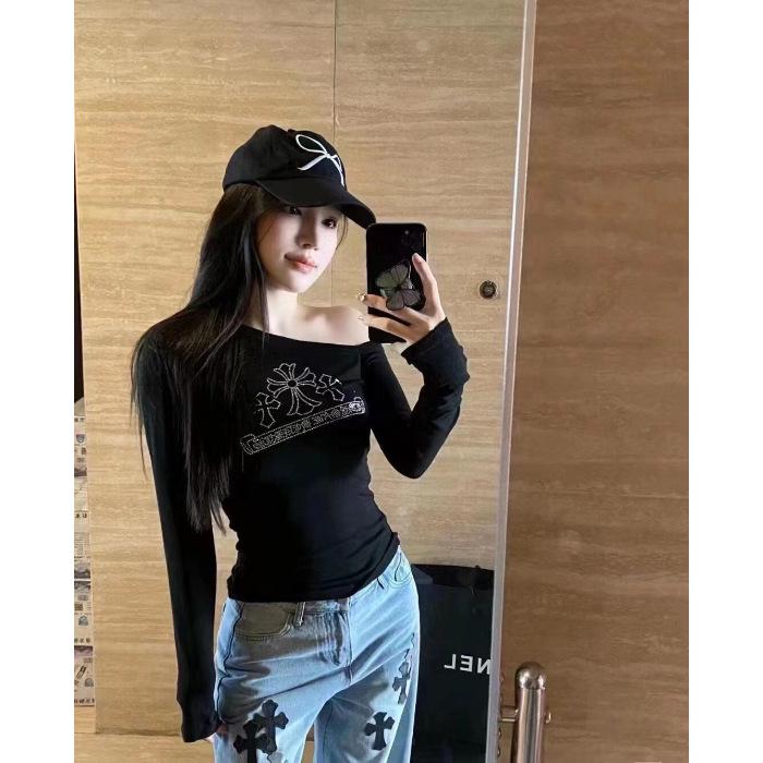 Women s Off-the-Shoulder Slim-Fit Top with Slanted Design, Long-Sleeve, Hot Drill, French Style, Autumn Fashion, New Slimming Look Medium чёрный