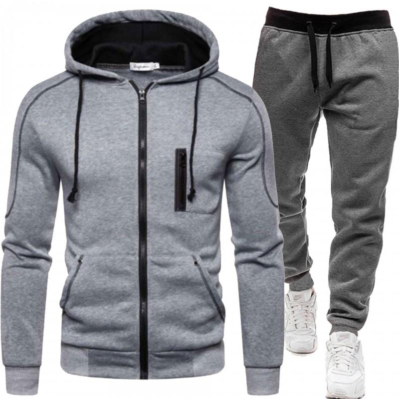 Mens Hooded Sweatshirt Set Casual Two-Piece Outfit Loose Fit Fleece-Lined Winter Sportswear