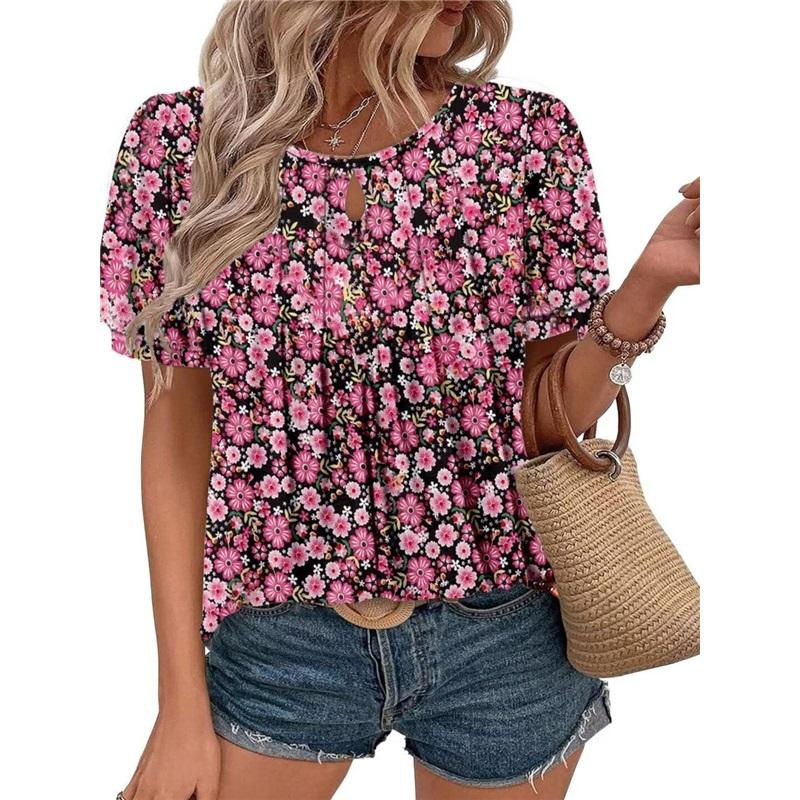 Floral Print Round Neck T-hole Casual Short-sleeved Pleated Flower Women
