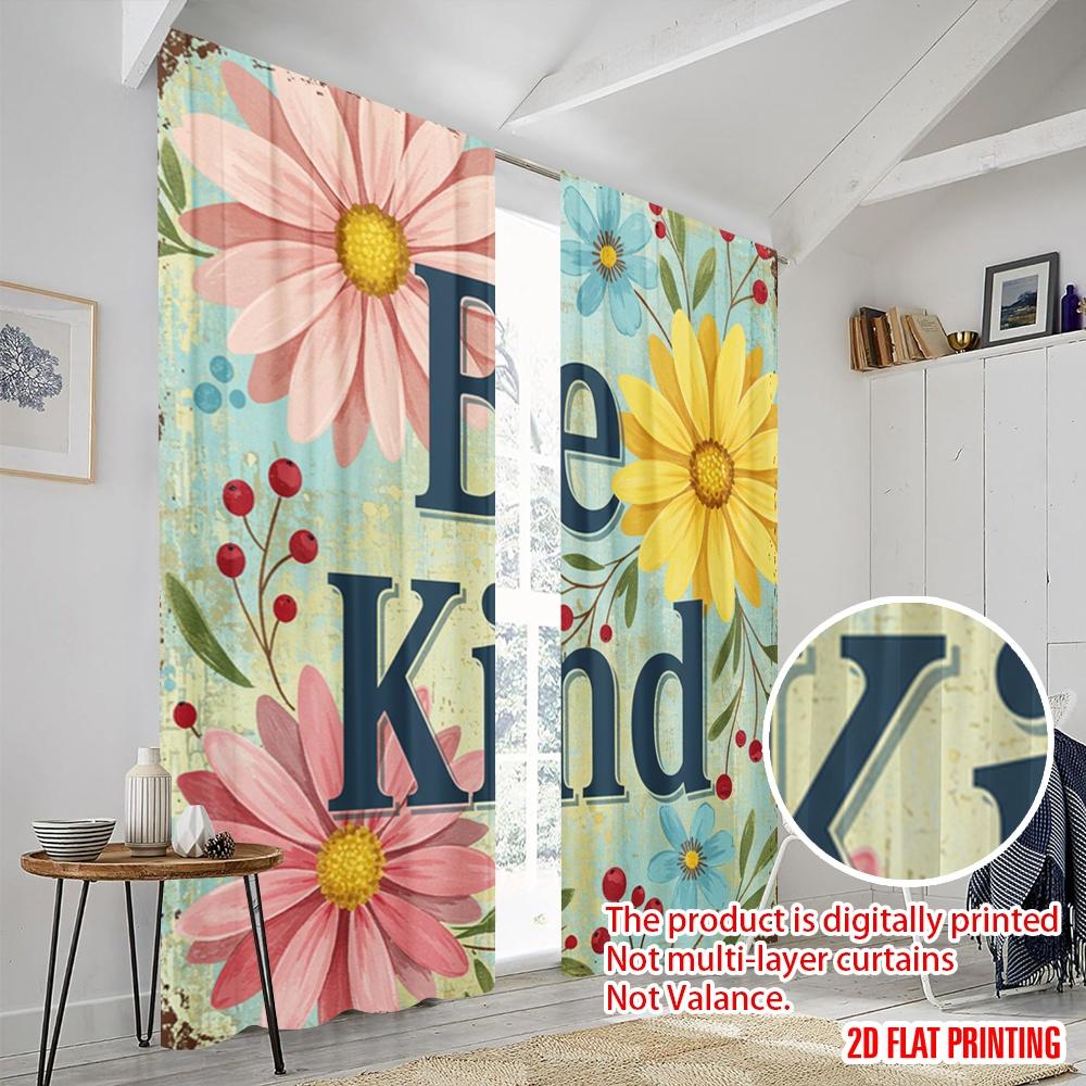 2pcs 2D Flat Printing Window Curtains Daisy Floral Be Kind Metal Sign Fabric Without Electricity Festive Wall Decor Perfect for