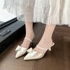 Fashion Pearl Butterfly Knot Head Slippers Summer New Pointed Head Shallow Mouth Line with Anti-slip Wear-resistant Heel Shoes