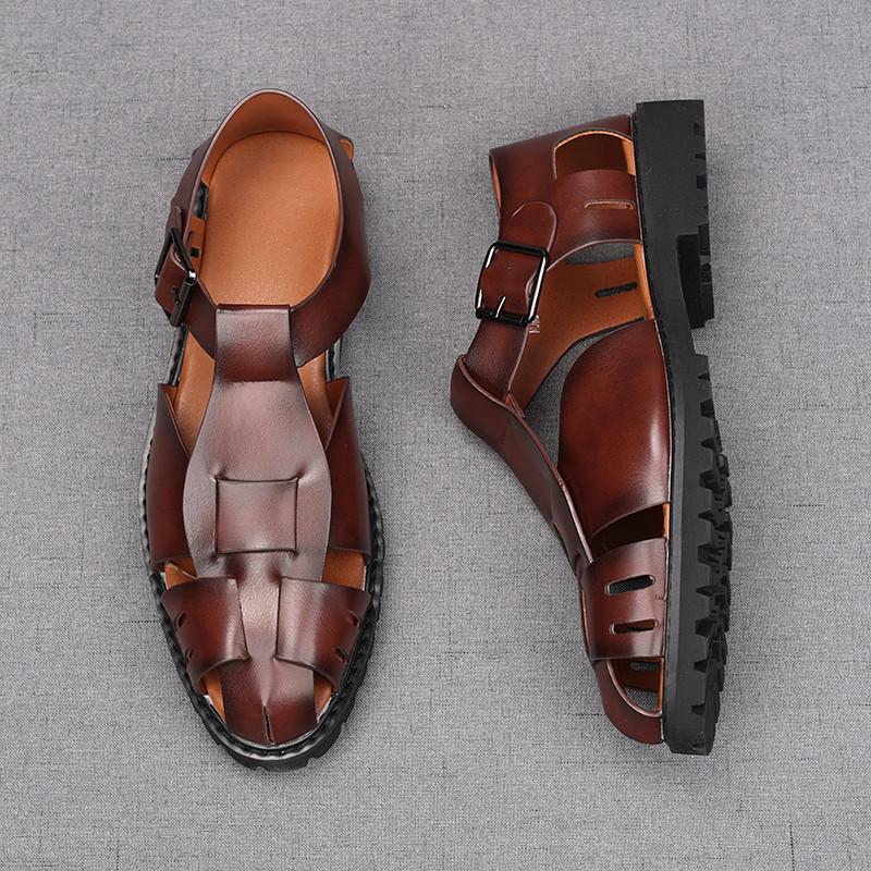 Móda Léto Nové Pánské Retro Římské Gladiátorské Kožené Sandály Vykrojené Prodyšné Boty Jednobarevné Kotníkové Spony Ležérní Boty