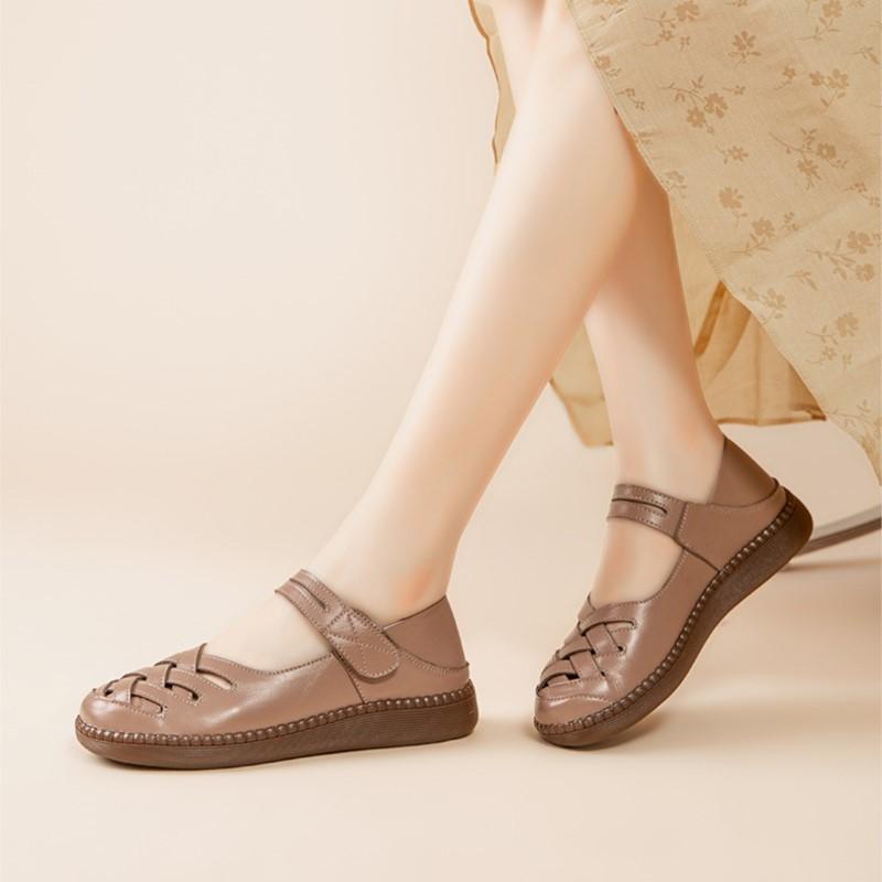 Johnature Flat Sandals For Women Breathable Genuine Leather Soft Soled Casual Round Toe Women's Shoes