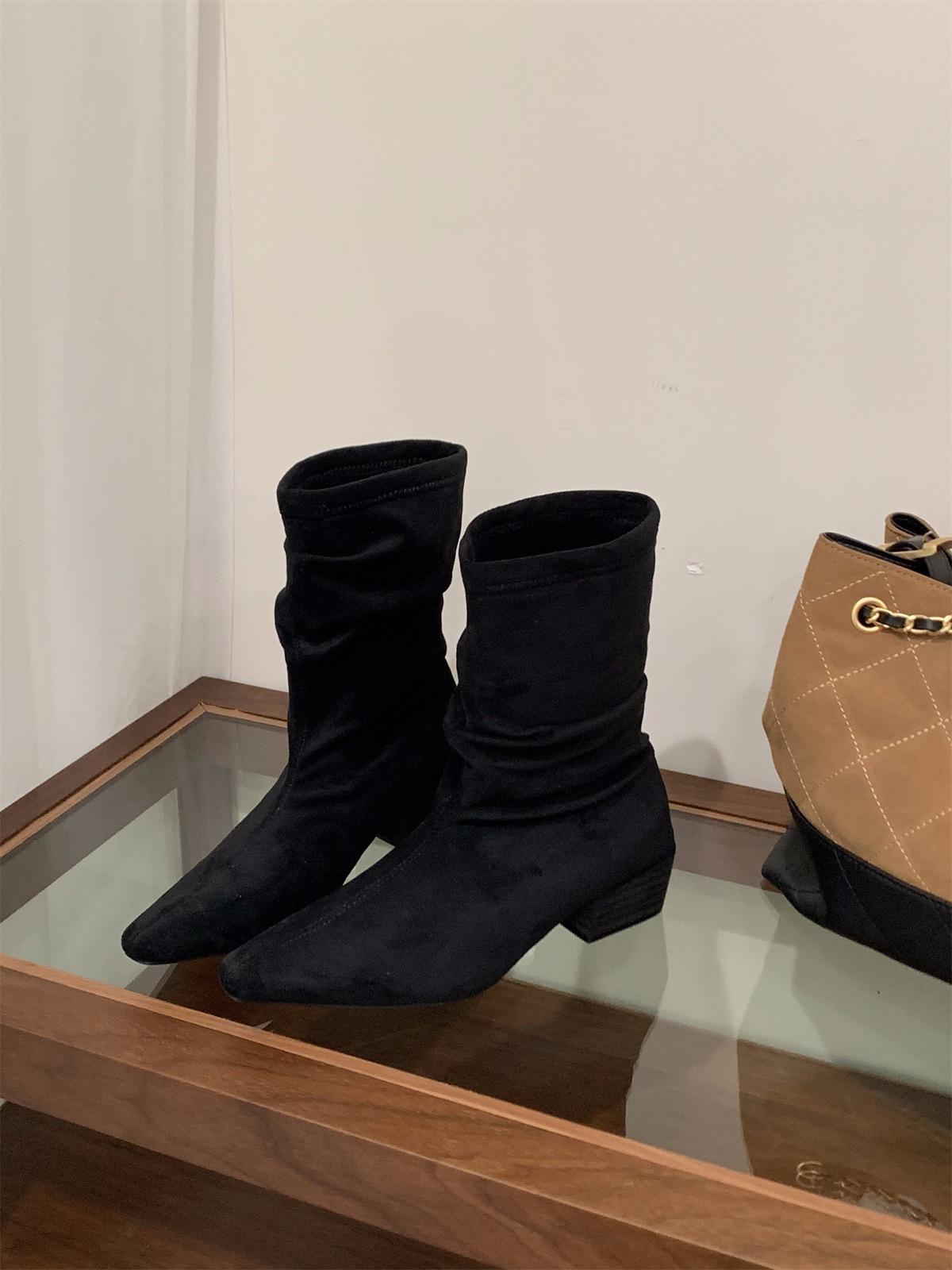 High Heel Pointed Suede Martin Boots Pile Medium Boots Women s Boots Season Skirt Skinny Boots Short Boots 35