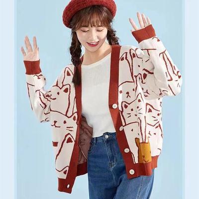 Women Button Down Knit Sweater Fall Long Sleeve V Neck Cartoon Cat Pattern Loose Cardigan Women's Winter Coats